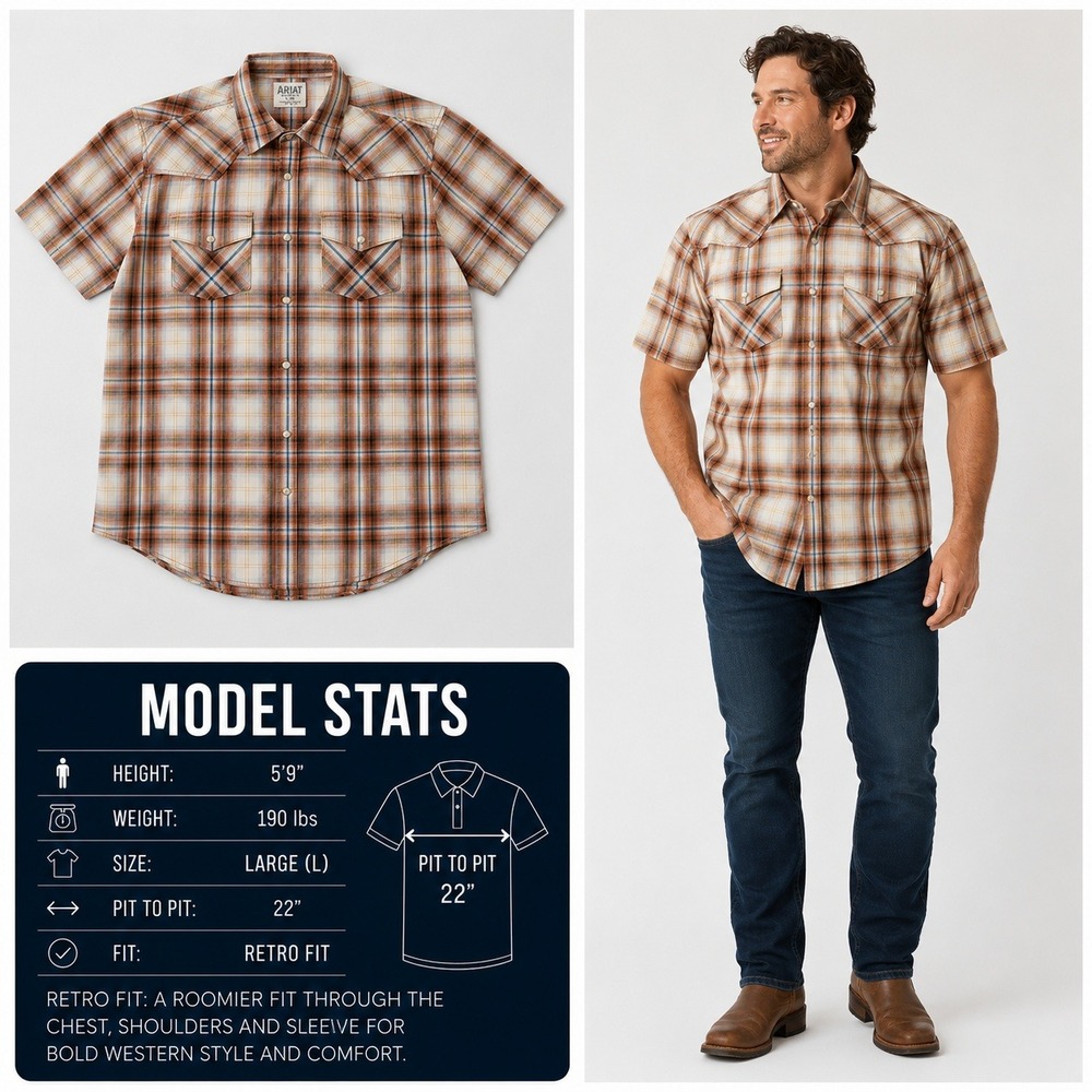 Ariat Mens Retro Fit Western Plaid Pearl‎ Snap Short Sleeve Shirt Orange Blue L